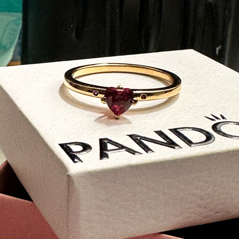 Pandora Gold Ring with Deep Red Heart Stone